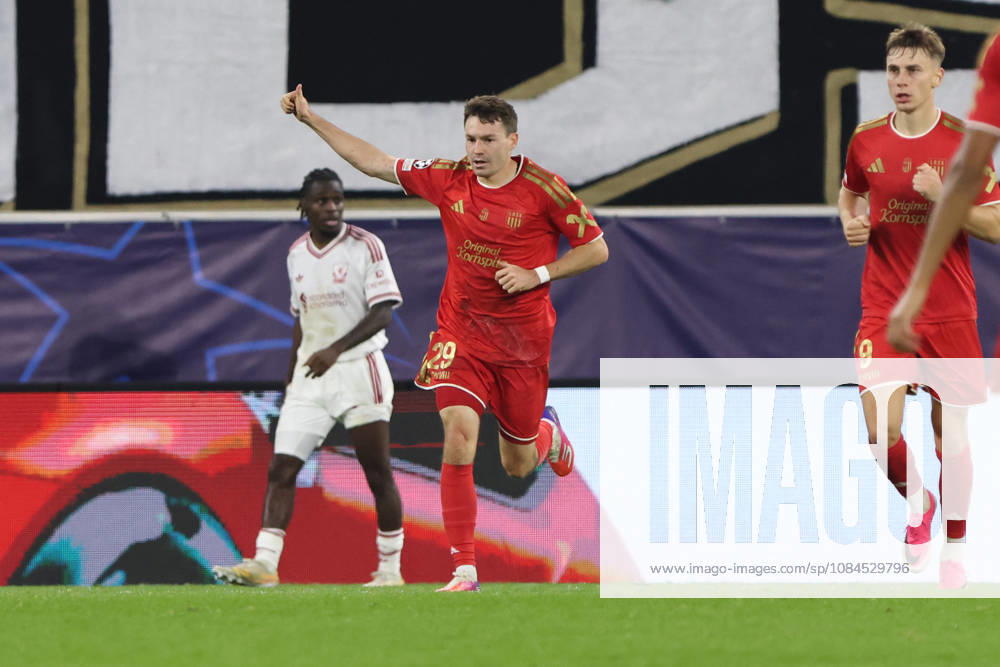 Florian Flecker of LASK celebrates his goal to 2:6 during the UEFA Champions League league phase matchday 2 match between LASK and Liverpool at Oberoesterreich Arena on October 14, 2026 in Linz, Austria. (Photo by Severin Aichbauer Sports Press Photo SPP)