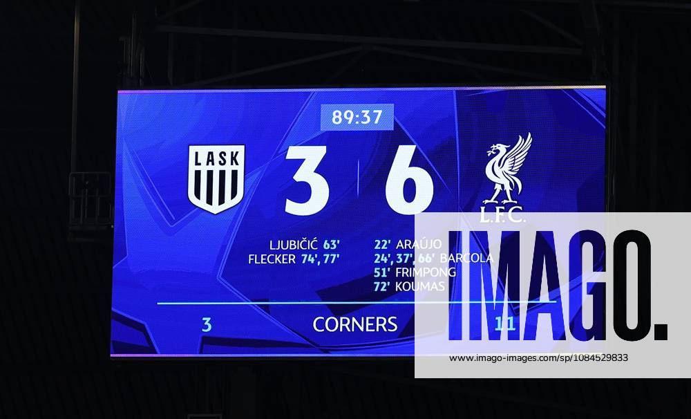 Stadiums scoreboard indicates all goal scorers of todays match LASK v Liverpool, UEFA Champions League, Football, Raiffeisen Arena, Linz, Austria - 14 Oct 2026Linz Raiffeisen Arena Austria
