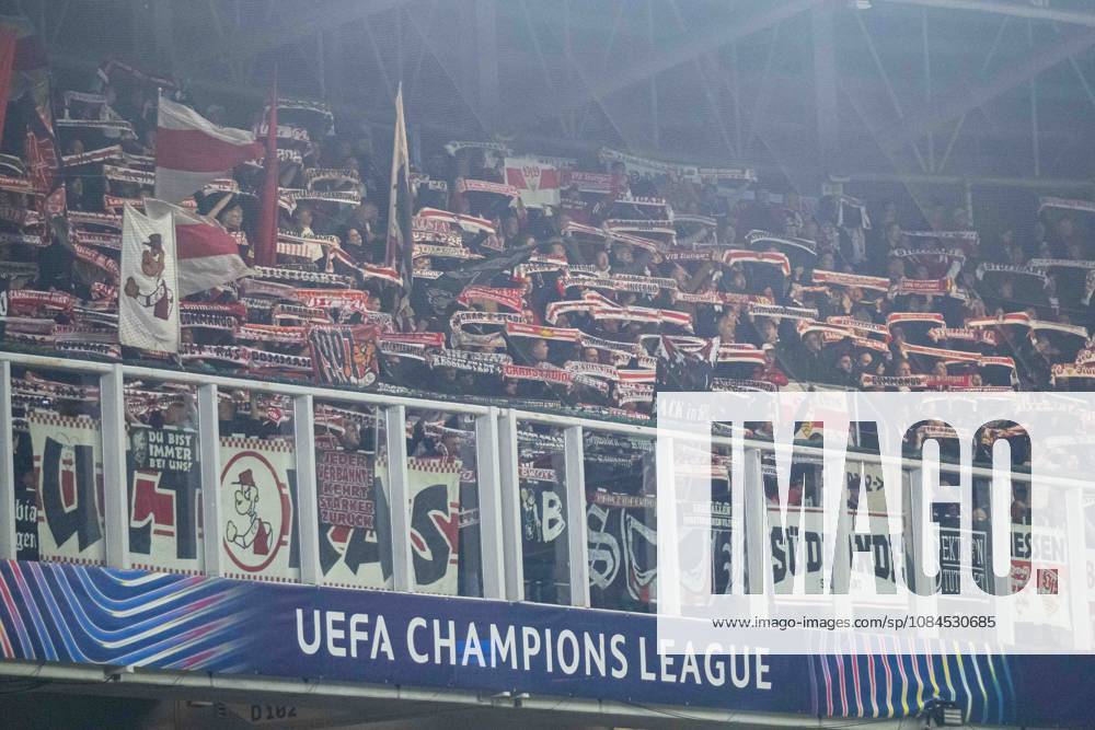 VFB Stuttgart fans with scarfs during UEFA Champions league match , SK Slovan Bratislava - VFB Stuttgart , 14. october 2026, Tehelne pole Stadium, Bratislava, Slovakia