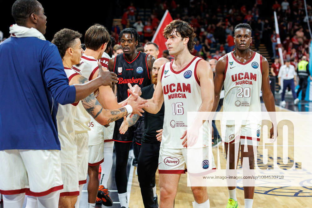 Ruben Lopez de la Torre, UCAM Murcia, 16; Jean Marc Pansa, UCAM Murcia, 20; team, celebrating, cheers, positive emotions, end of the game, BMA365 Bamberg Baskets vs. UCAM Murcia, basketball, Basketball Champions League, Matchday 3, October 14, 2026 BMA365 Bamberg Baskets vs. UCAM Murcia, basketball, Basketball Champions League, Matchday 3, October 14, 2026 Bamberg