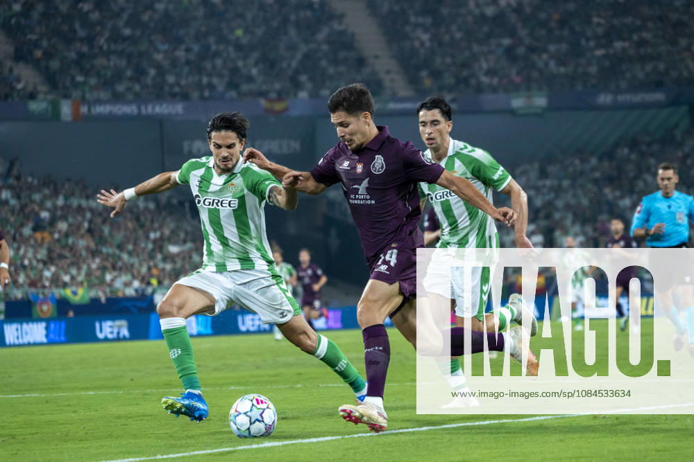 Joao Costa (N24) in action in front of Real Betis players during the UEFA Champions League match between Betis and FC Porto at La Cartuja Stadium on the 14th of October, 2026 in Sevilla, Spain