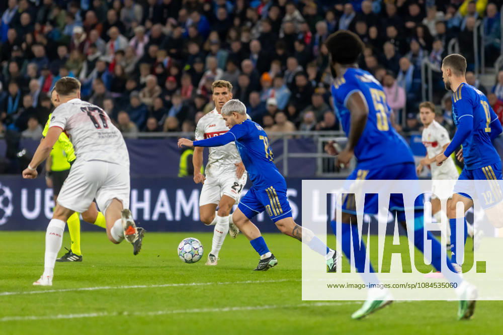 Grischa Promel of VfB Stuttgart and Cristian Martinez of SK Slovan Bratislava seen during UEFA Champions league League phase game between teams of SK Slovan Bratislava and VfB Stuttgart (Dominika Kortvelyesiova Ball Raw Images) Bratislava Tehelne Pole stadium Slovakia