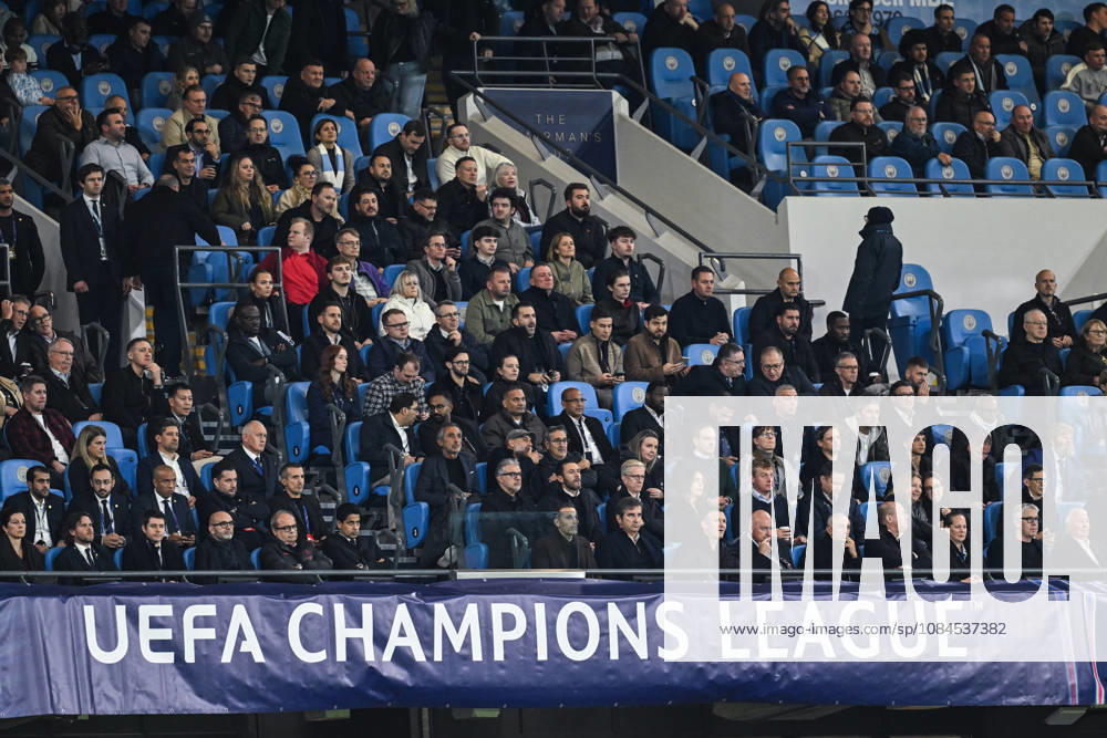 Paris Saint-Germain CEO Nasser Al-Khelaifi, Former Manchester City manager Pep Guardiola, Manchester City Chairman Khaldoon Al Mubarak, Manchester City CEO Ferran Soriano and Noel Gallagher in the stands during the UEFA Champions League 2026 27 League Phase MD2 football match between Manchester City and Paris Saint-Germain at Etihad Stadium on October 14, 2026 in Manchester, England. (Photo by Will Palmer Sports Press Photo)