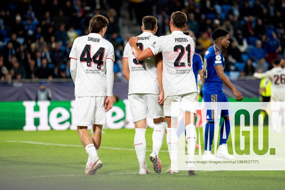 Champions League, Matchday 2: Slovan Bratislava vs. VfB Stuttgart at Tehelné Pole National Football Stadium. Goal to make it 0–3 by Ermedin Demirovic VfB celebrating here with Grischa Prömel (VfB) and Leo Sauer (VfB) IMPORTANT NOTICE: In accordance with DFB and DFL regulations, it is prohibited to use or allow the use of photographs taken in the stadium and or during the game in the form of sequential images and or video-like photo sequences