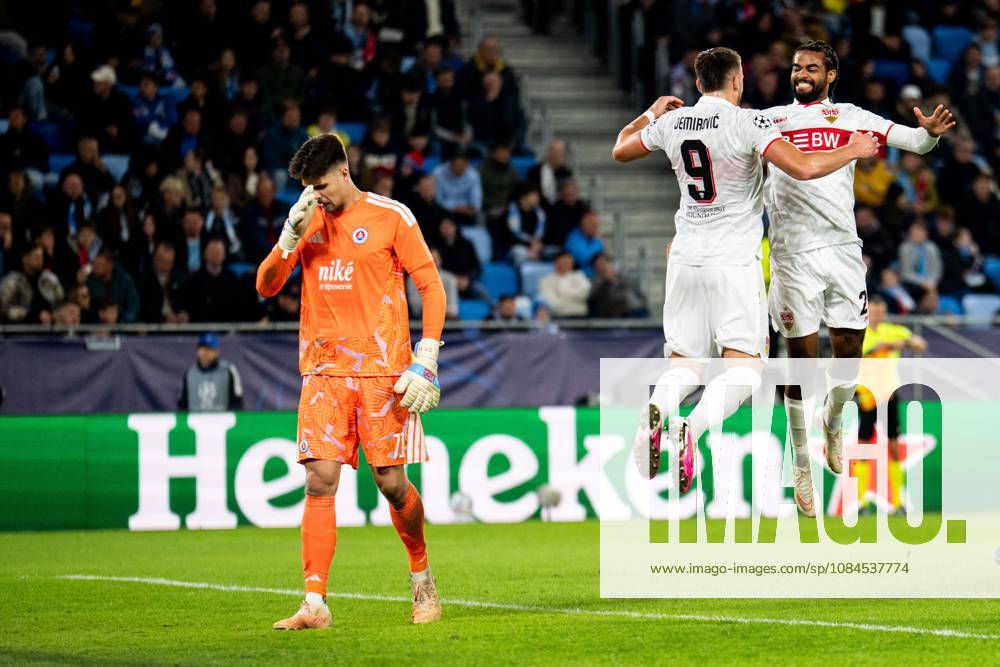 Champions League, Matchday 2, Slovan Bratislava vs. VfB Stuttgart at Tehelné Pole National Football Stadium Goal to make it 0–3 by Ermedin Demirovic VfB celebrating here with Lorenz Assignon VfB IMPORTANT NOTICE: In accordance with DFB and DFL regulations, it is prohibited to use or allow the use of photographs taken in the stadium and or during the game in the form of sequential images and or video-like photo sequences