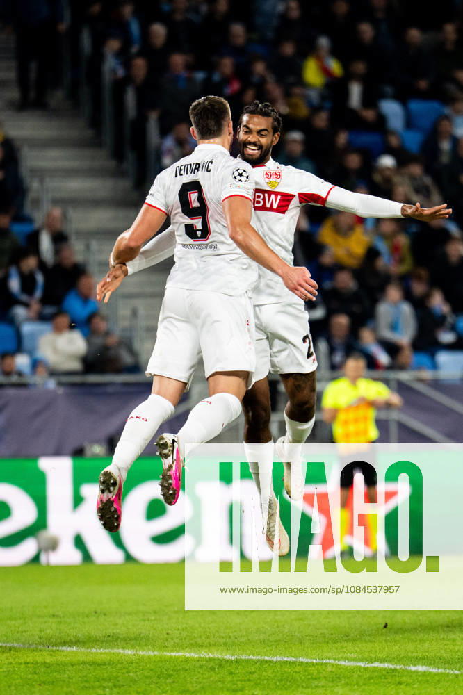 Champions League, Matchday 2, Slovan Bratislava vs. VfB Stuttgart at Tehelné Pole National Football Stadium Goal to make it 0–3 by Ermedin Demirovic VfB celebrating here with Lorenz Assignon VfB IMPORTANT NOTICE: In accordance with DFB and DFL regulations, it is prohibited to use or allow the use of photographs taken in the stadium and or during the game in the form of sequential images and or video-like photo sequences