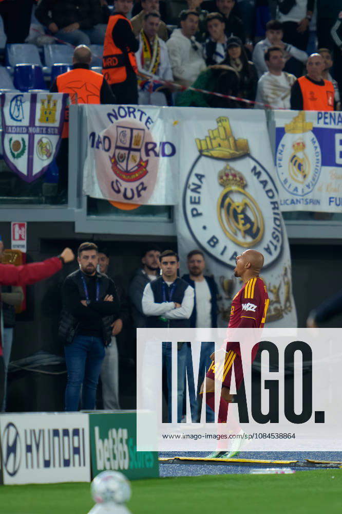 AS Roma v Real Madrid C.F. - UEFA Champions League 2026 27 League Phase MD2 Donyell Malen of AS Roma celebrates after scoring second goal during the AS Roma v Real Madrid C.F. - UEFA Champions League 2026 27 League Phase MD2 at Stadio Olimpico on October 14, 2026 in Rome, Italy Rome Stadio Olimpico Lazio Italy