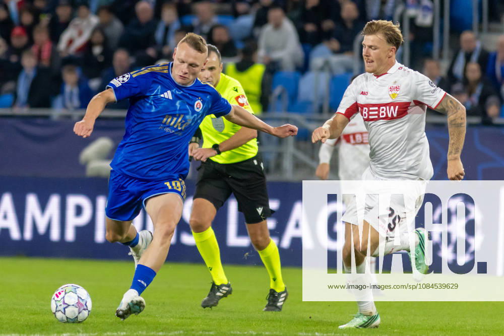 Nino Marcelli of SK Slovan Bratislava and Finn Jeltsch of VfB Stuttgart seen during UEFA Champions league League phase game between teams of SK Slovan Bratislava and VfB Stuttgart (Dominika Kortvelyesiova Ball Raw Images) Bratislava Tehelne Pole stadium Slovakia