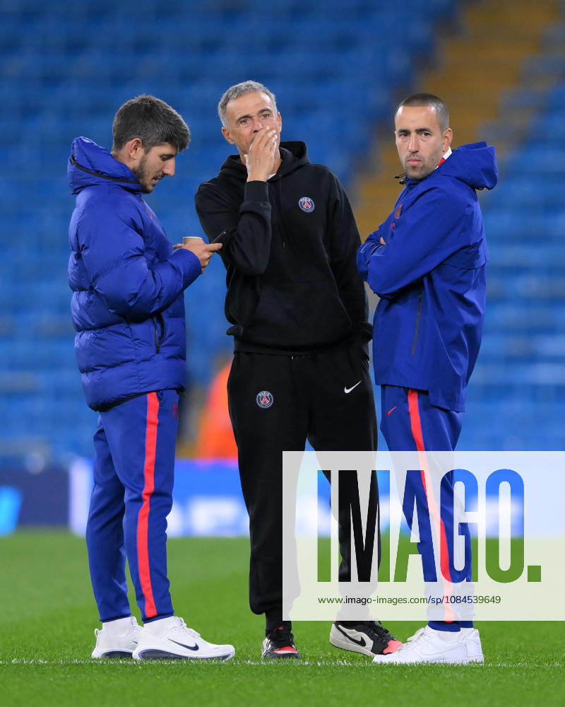 Paris Saint-Germain Manager Luis Enrique with his coaching staff during the UEFA Champions League 2026 27 League Phase MD2 match between Manchester City and Paris Saint-Germain at City of Manchester Stadium on October 14, 2026 in Manchester, England.