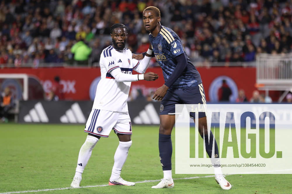 Neil Pierre (44 Philadelphia Union) guards Jonathan Bamba (19 Chicago Fire FC) during the Major League Soccer game between Chicago Fire FC and the Philadelphia Union at Soldier Field on Wednesday October 14 in Chicago, USA
