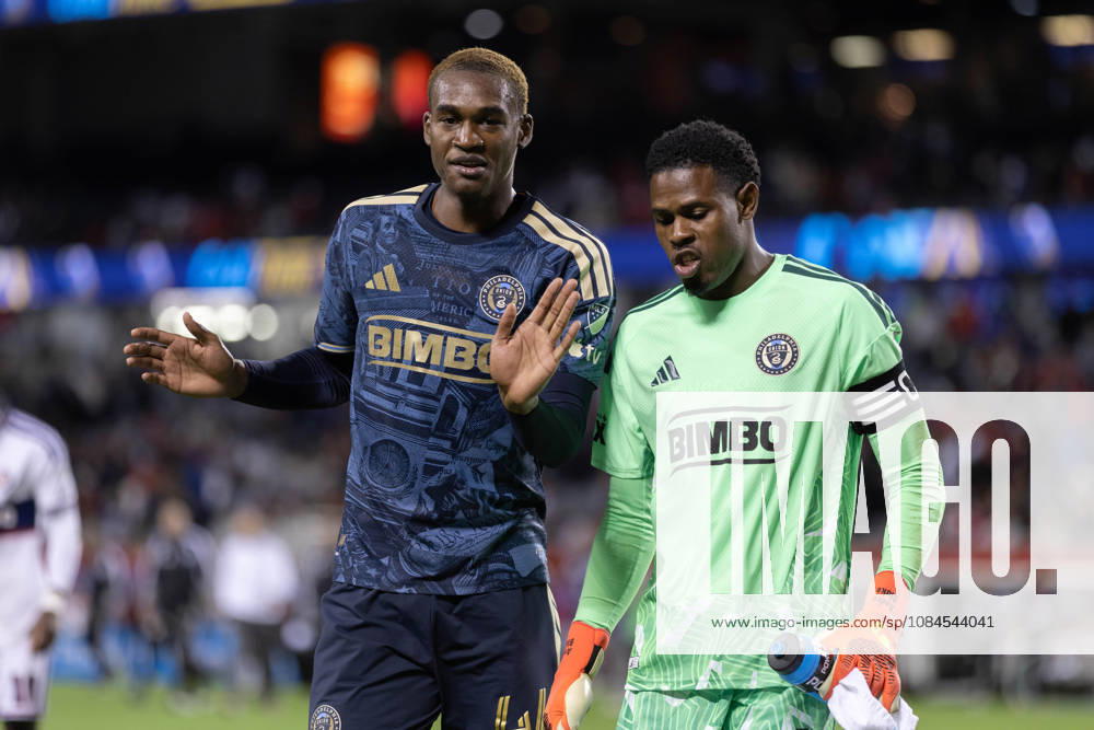 Neil Pierre (44 Philadelphia Union) speaks with Andre Blake (18 Philadelphia Union) during the Major League Soccer game between Chicago Fire FC and the Philadelphia Union at Soldier Field on Wednesday October 14 in Chicago, USA