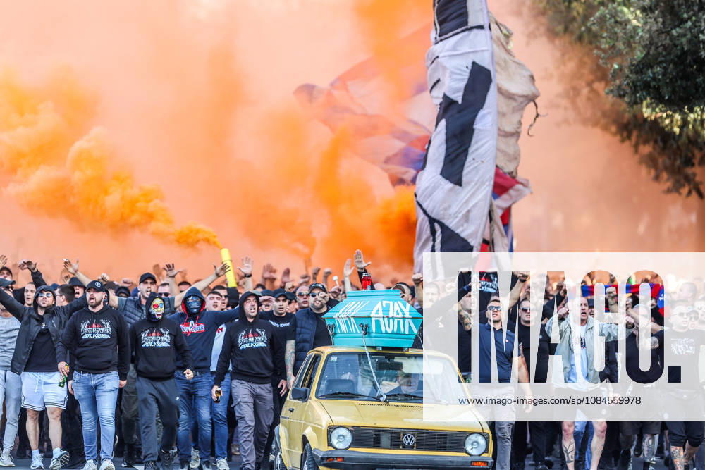 Corteo of Torcida, supporters of Hajduk Split Toricida, supporters of Hajduk Split, on their way to Poljud Stadium ahead of the UEFA Conference League match between HNK Hajduk Split and Ajax, in Split, Croatia, on October 15, 2026. IvanaxIvanovic PIXSELL