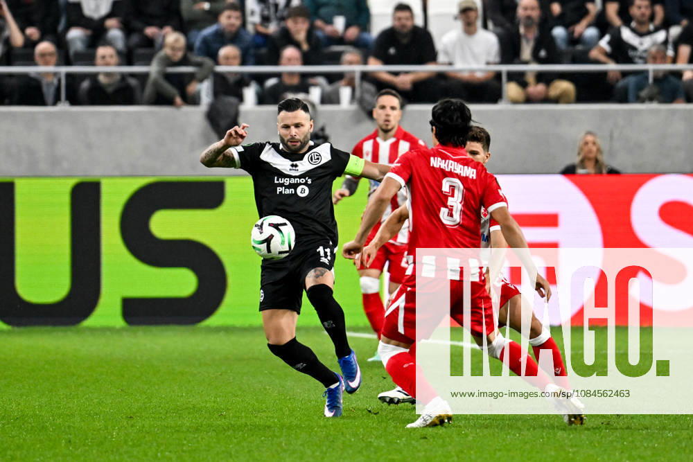 LUGANO, SWITZERLAND OCTOBER 15 Renato Steffen of FC Lugano in action against Yuta Nakayama of FK Crvena Zvezda during the UEFA Conference League 2026–27 League Phase Matchday 1 match between FC Lugano and FK Crvena Zvezda at Lugano Arena on October 15, 2026, in Lugano, Switzerland; Lugano, Lugano Arena, Ticino, Switzerland