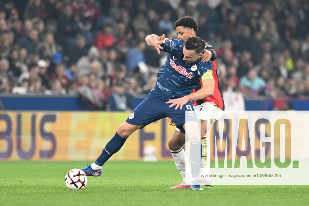 Goncalo Ramos of AC Milan and Soumaila Diabate of Salzburg during the UEFA Europa League 2026 27 League Phase MD2 match between FC Salzburg and AC Milan at Stadion Salzburg on October 15, 2026 in Salzburg, Austria.
