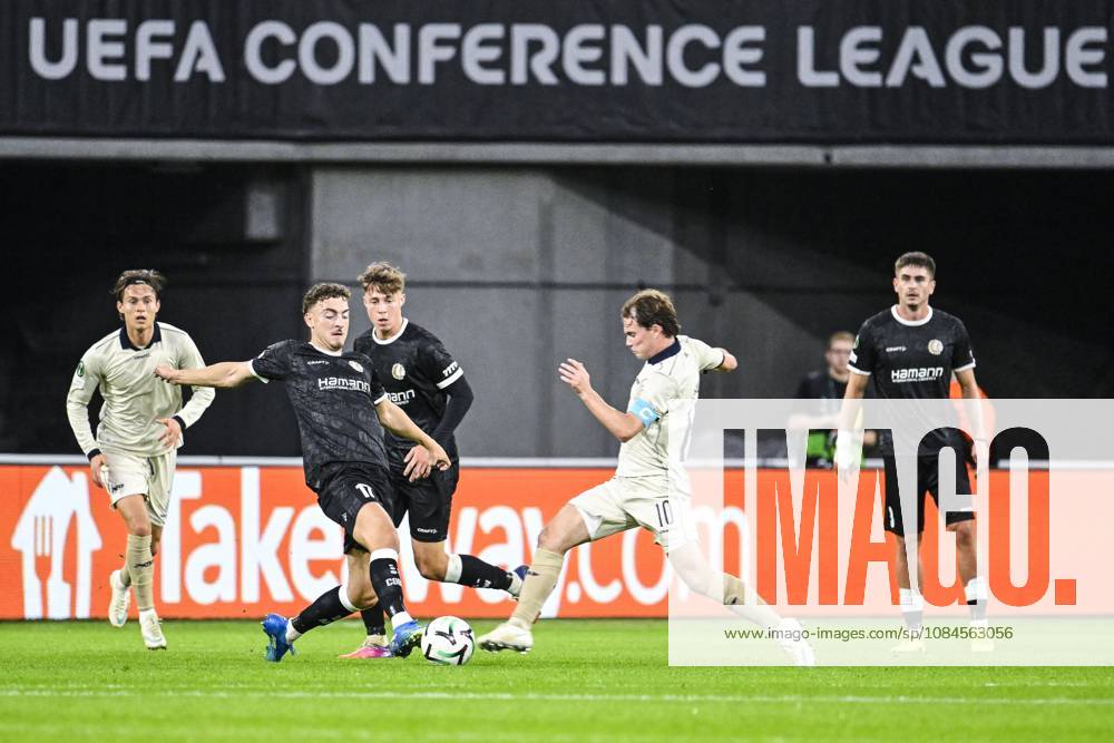 Gent s Mathias Delorge and Aarhus Kristian Arnstad pictured in action during a soccer game between Belgian KAA Gent and Danish Aarhus GF, Thursday 15 October 2026 in Gent, the opening match of the UEFA Conference League league phase. TOMxGOYVAERT x189909825x