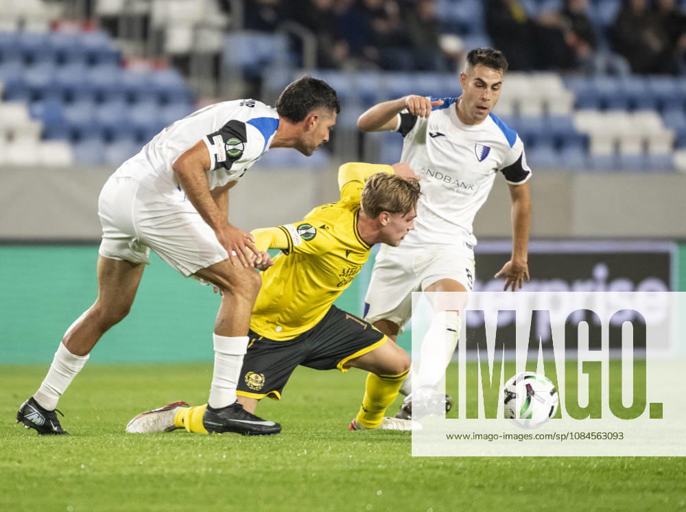 HELSINGBORG, October 15, 2026: Inter Club d’Escaldes’ Anwar Habib Hernandez Martinez and David Lopez Herrera stop Mjällby AIF’s Jeppe Kjaer in the UEFA Conference League match between Mjällby AIF and Inter Club d’Escaldes at Olympia in Helsingborg on Thursday, October 15, 2026 HELSINGBORG SWEDEN