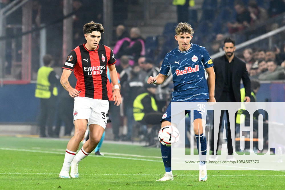 Davide Bartesaghi of AC Milan and Jesper Lindstrom of Salzburg during the UEFA Europa League 2026 27 League Phase MD2 match between FC Salzburg and AC Milan at Stadion Salzburg on October 15, 2026 in Salzburg, Austria.