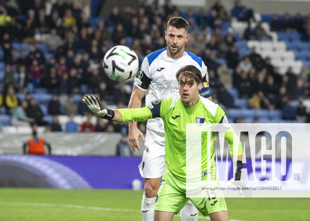 HELSINGBORG, October 15, 2026: Inter Club d’Escaldes goalkeeper Javier Diaz and Alex Sanchez Rodriguez in the UEFA Conference League match between Mjällby AIF and Inter Club d’Escaldes at Olympia in Helsingborg on Thursday, October 15, 2026 HELSINGBORG, SWEDEN