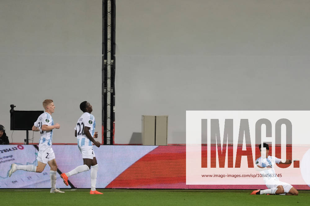 Salah Oulad M Hand of Riga FC, right, celebrates a goal during a UEFA Conference League soccer match between Latvias Riga FC and Kazakhstans Kairat Almaty at Skonto Stadium in Riga, Latvia, Thursday, Oct. 15, 2026. Riga Latvia
