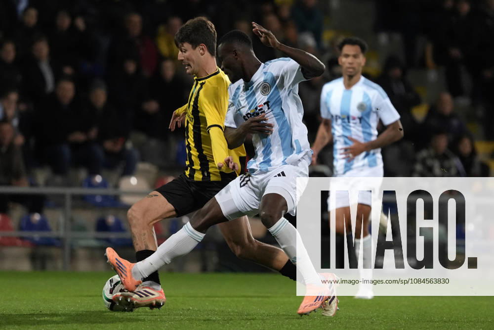 Ahmed Ankrah of Riga FC and Marc Gual of Kairat compete for the ball during a UEFA Conference League soccer match between Latvias Riga FC and Kazakhstans Kairat Almaty at Skonto Stadium in Riga, Latvia, Thursday, Oct. 15, 2026. Riga Latvia