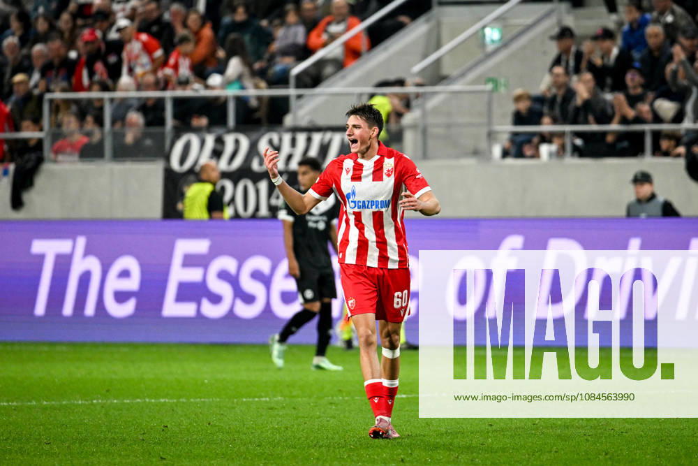 LUGANO, SWITZERLAND OCTOBER 15 Matej Gashtarov of FK Crvena Zvezda motivates his teammates after a goal during the UEFA Conference League 2026–27 League Phase Matchday 1 match between FC Lugano and FK Crvena Zvezda at Lugano Arena on October 15, 2026 in Lugano, Switzerland; Lugano Arena, Ticino, Switzerland