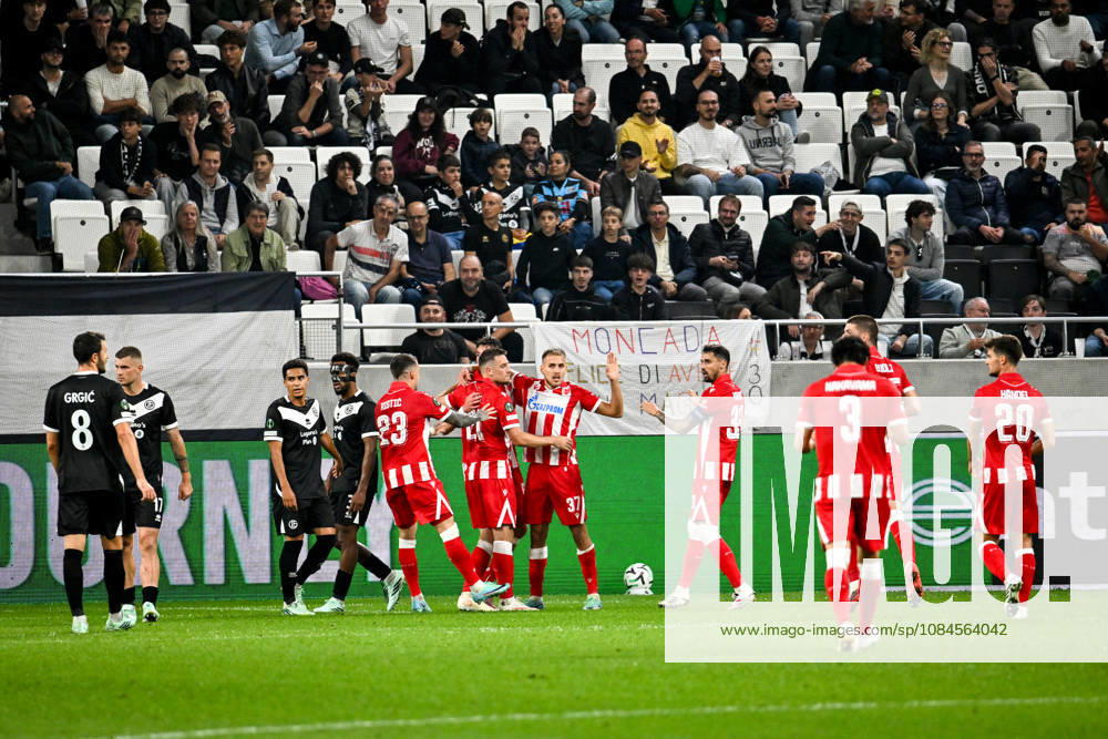 LUGANO, SWITZERLAND OCTOBER 15 FK Crvena Zvezda celebrates a goal scored by Timi Max Elsnik of FK Crvena Zvezda during the UEFA Conference League 2026–27 League Phase Matchday 1 game between FC Lugano and FK Crvena Zvezda at Lugano Arena on October 15, 2026, in Lugano, Switzerland; Lugano, Lugano Arena, Ticino, Switzerland