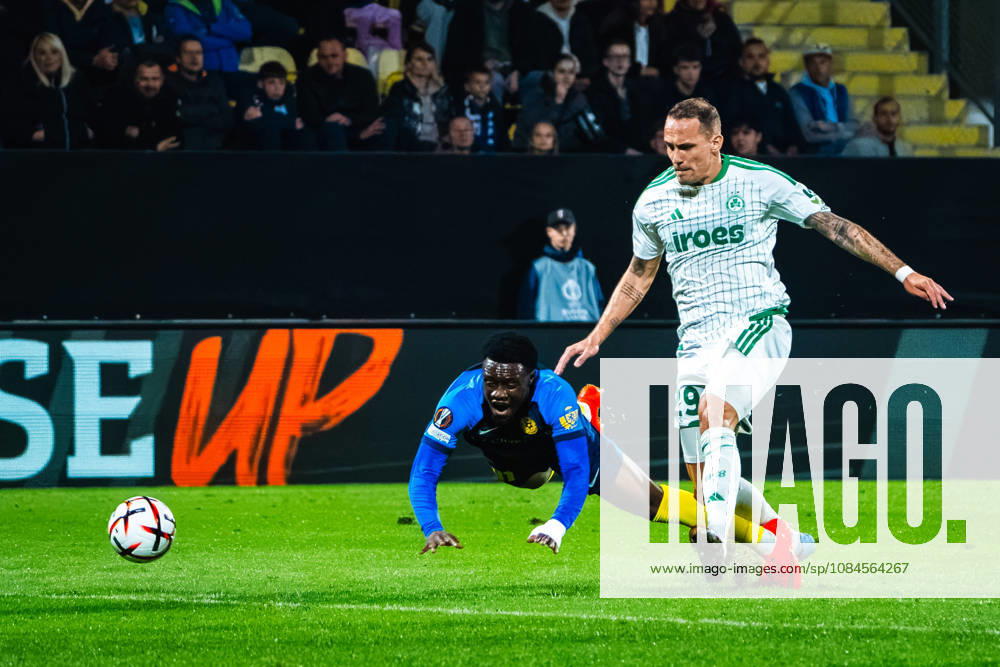 Jure Balkovec of Omonia (R) in action against Yaya Dukuly of Celje (L) during the UEFA Europa League match between Celje (Slovenia) and Omonia (Cyprus) at Stadion Celje, Celje on October 15, 2026 in Celje, Slovenia. (Photo by Andraz Corel Sports Press Photo).