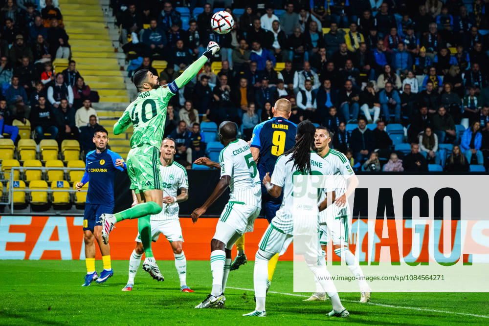 Fabiano of Omonia (L) in action against Blaz Kramer of Celje (3R) during the UEFA Europa League match between Celje (Slovenia) and Omonia (Cyprus) at Stadion Celje, Celje on October 15, 2026 in Celje, Slovenia. (Photo by Andraz Corel Sports Press Photo).
