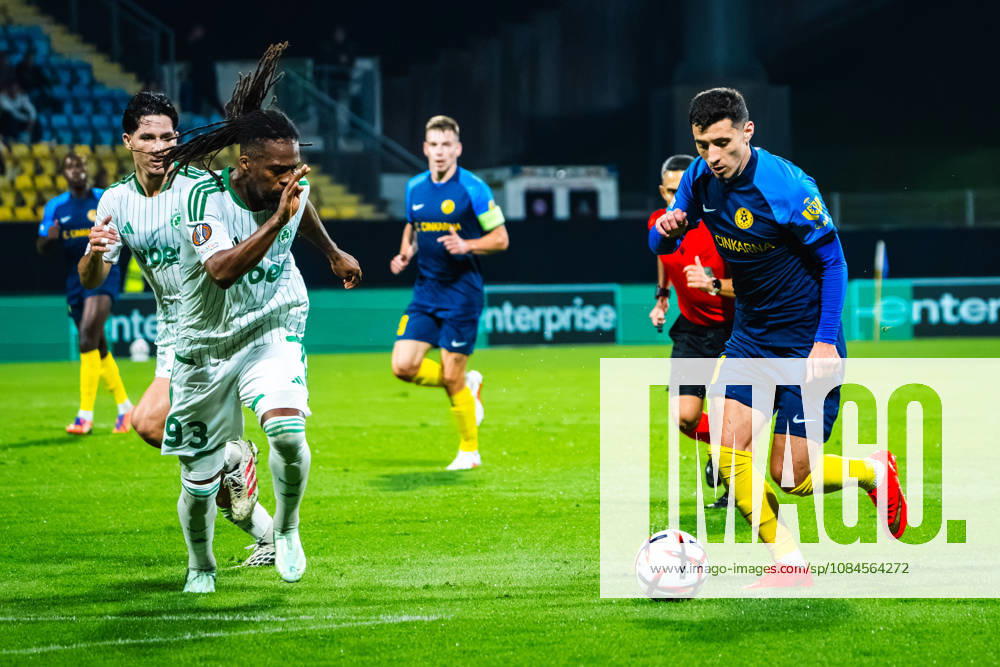 Mario Kvesic of Celje (R) in action against Jean-Kevin Duverne of Omonia (L) during the UEFA Europa League match between Celje (Slovenia) and Omonia (Cyprus) at Stadion Celje, Celje on October 15, 2026 in Celje, Slovenia. (Photo by Andraz Corel Sports Press Photo).