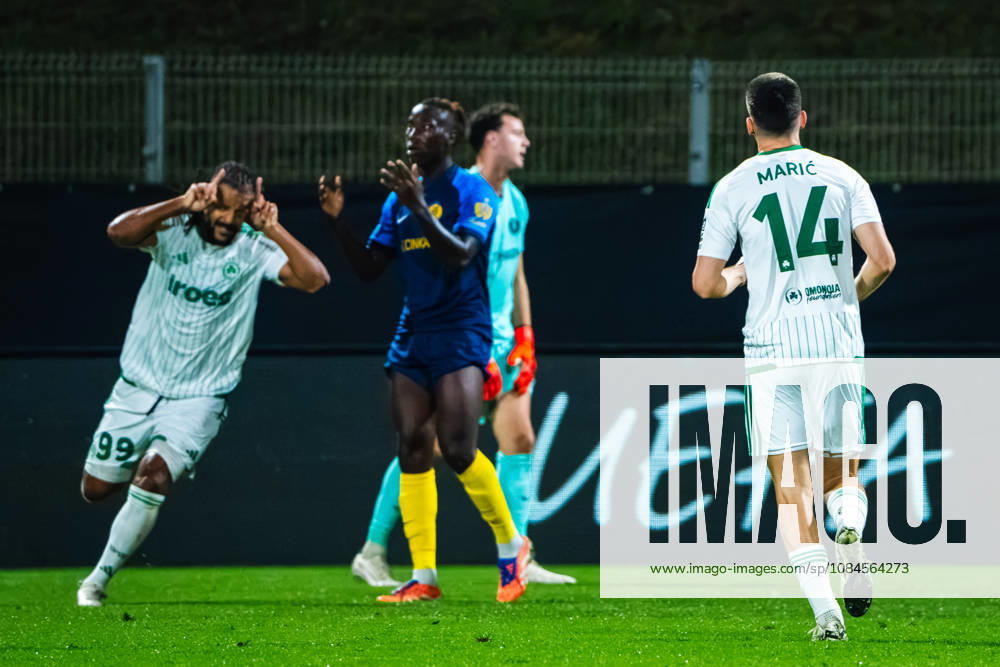 Lois Diony of Omonia (L) celebrate during the UEFA Europa League match between Celje (Slovenia) and Omonia (Cyprus) at Stadion Celje, Celje on October 15, 2026 in Celje, Slovenia. (Photo by Andraz Corel Sports Press Photo).