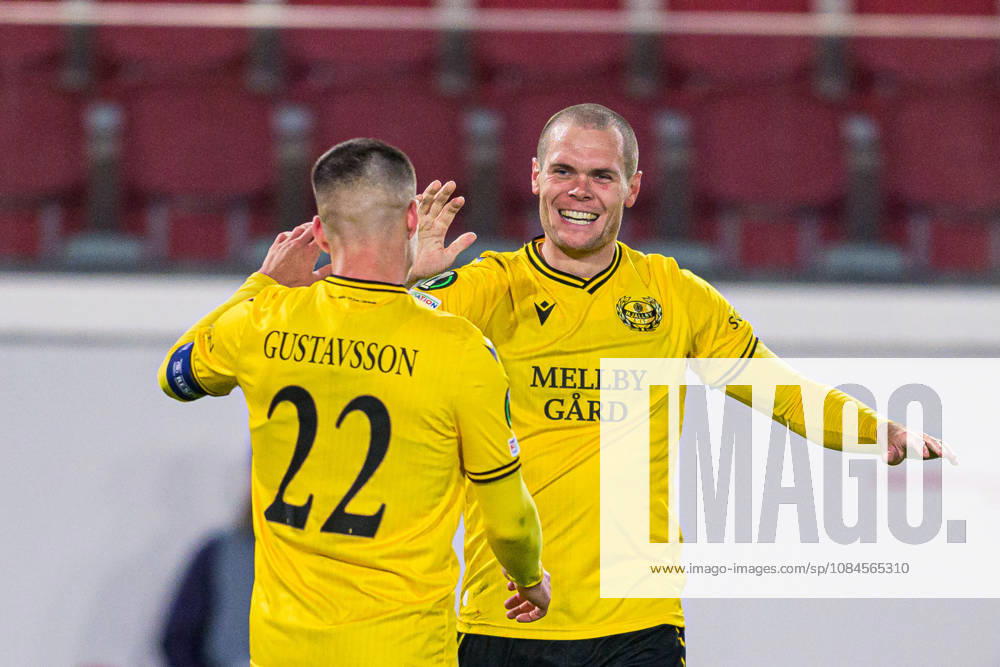 Jesper Gustavsson and Jacob Bergström of Mjällby celebrate after scoring the 1-0 goal during the UEFA Conference League soccer match between Mjällby and Inter Club d Escaldes on October 15, 2026 in Helsingborg. Photo by Christoffer Borg Mattisson, BILDBYRÅN COP 261 CB0562: soccer, football, UEFA Conference League, Mjällby, celebration