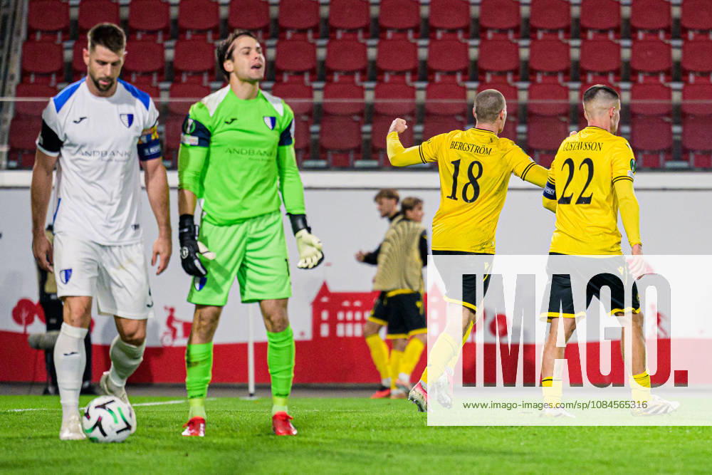 Alexis Sánchez and goalkeeper Javi Diaz of Inter Club d Escaldes look dejected, while Jacob Bergström of Mjällby celebrates after the 1-0 score during the UEFA Conference League soccer match between Mjällby and Inter Club d Escaldes on October 15, 2026 in Helsingborg. Photo by Christoffer Borg Mattisson, BILDBYRÅN COP 261 CB0562 soccer football fotball UEFA Conference League conference league Mjällby in bbeng celebration dejected celebrates