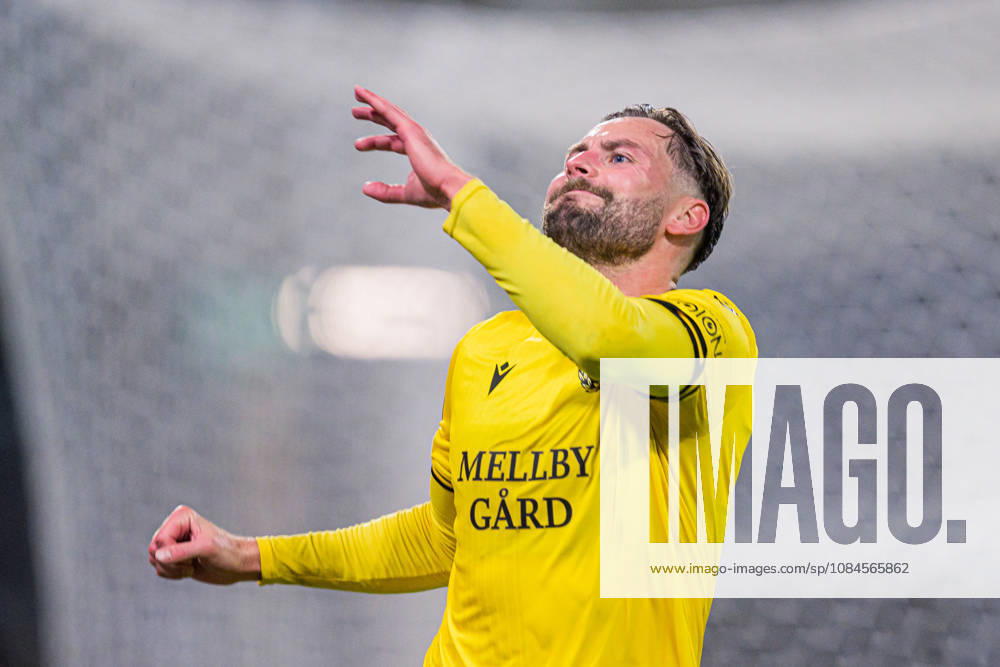 Axel Norén of Mjällby celebrates after scoring the 2-0 goal during the UEFA Conference League soccer match between Mjällby and Inter Club d Escaldes on October 15, 2026 in Helsingborg. Photo by Christoffer Borg Mattisson, BILDBYRÅN COP 261 CB0562: soccer, football, UEFA Conference League, Mjällby, celebration
