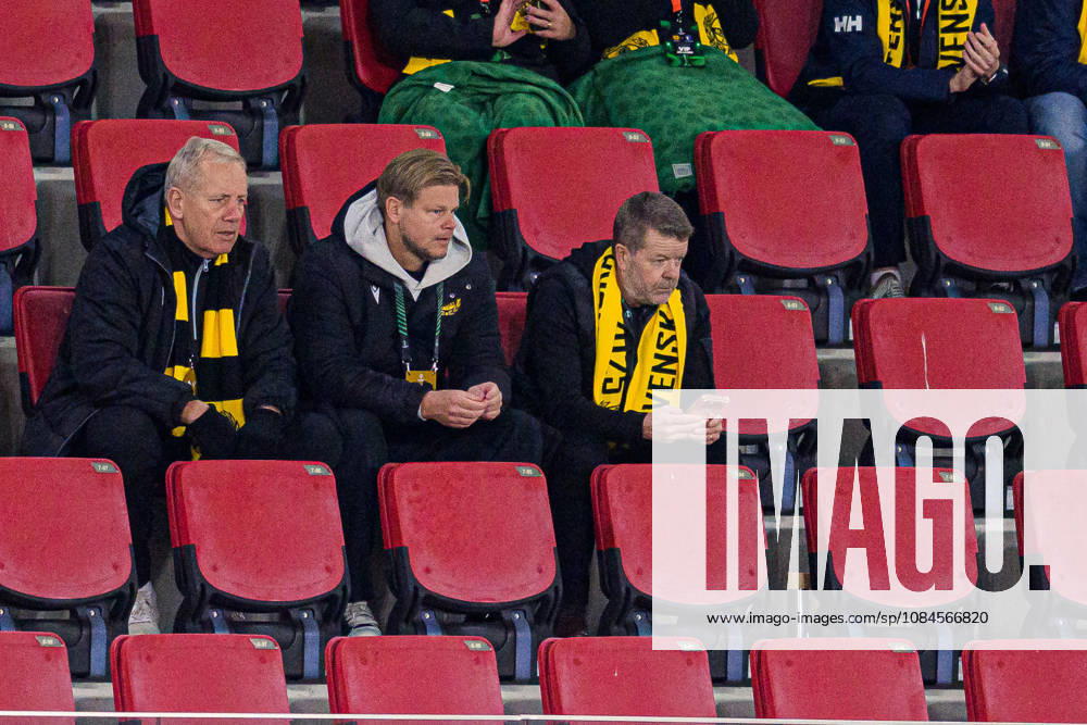 Sports Director Hasse Larsson, Scout David Löfquist, and Technical Director Anders Torstensson of Mjällby during the UEFA Conference League soccer match between Mjällby and Inter Club d Escaldes on October 15, 2026 in Helsingborg. Photo by Christoffer Borg Mattisson, BILDBYRÅN COP 261 CB0562 soccer football fotball UEFA Conference League Conference League Mjällby in BBENG soccer football fotball UEFA Conference League Conference League Mjällby in BBENG