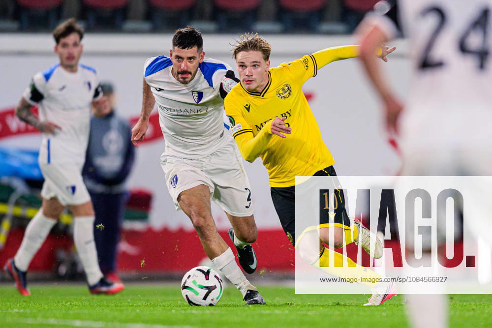 Anwar Hernández of Inter Club d Escaldes and Jeppe Kjaer of Mjällby during the UEFA Conference League soccer match between Mjällby and Inter Club d Escaldes on October 15, 2026 in Helsingborg. Photo by Christoffer Borg Mattisson, BILDBYRÅN COP 261 CB0562 soccer football fotball UEFA Conference League Conference League Mjällby in BBENG soccer football fotball UEFA Conference League Conference League Mjällby in BBENG
