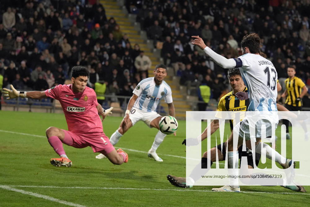 Temirlan Anarbekov of Kairat and Raivis Jurkovskis of Riga FC compete for the ball during a UEFA Conference League soccer match between Latvias Riga FC and Kazakhstans Kairat Almaty at Skonto Stadium in Riga, Latvia, Thursday, Oct. 15, 2026. Riga Latvia