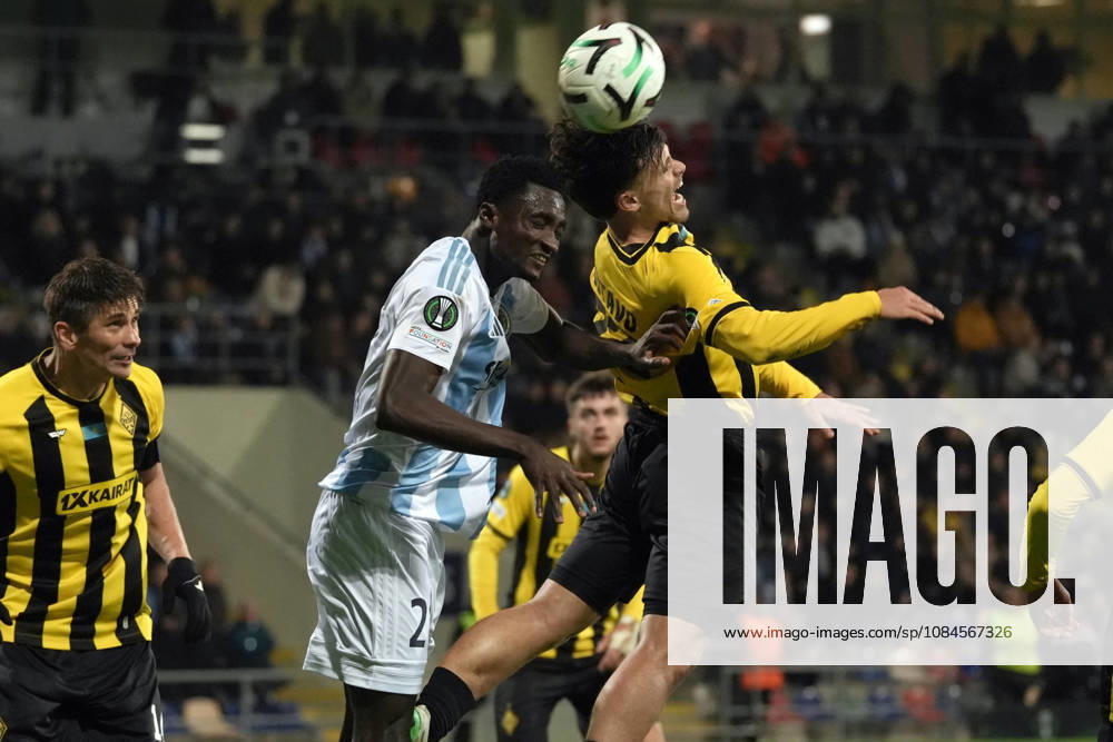 Baba Musah of Riga FC and Gustavo Mendonca of Kairat compete for the ball during a UEFA Conference League soccer match between Latvias Riga FC and Kazakhstans Kairat Almaty at Skonto Stadium in Riga, Latvia, Thursday, Oct. 15, 2026. Riga Latvia