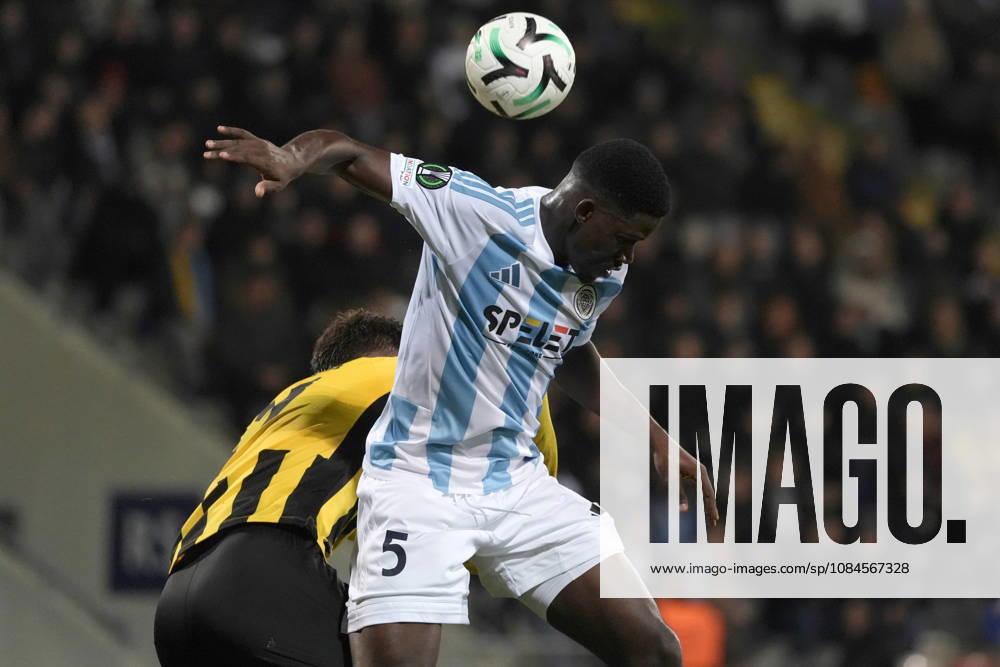Karl Wassom of Riga FC competes for the ball during a UEFA Conference League soccer match between Latvias Riga FC and Kazakhstans Kairat Almaty at Skonto Stadium in Riga, Latvia, Thursday, Oct. 15, 2026. Riga Latvia