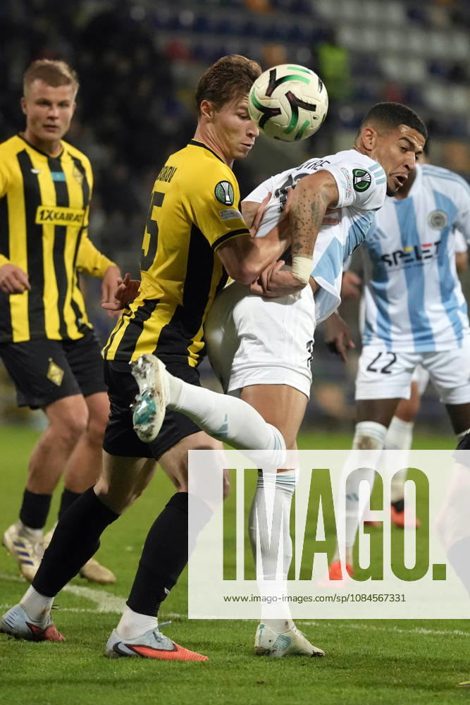 Baba Musah of Riga FC and Mansur Birkurmanov of Kairat compete for the ball during a UEFA Conference League soccer match between Latvias Riga FC and Kazakhstans Kairat Almaty at Skonto Stadium in Riga, Latvia, Thursday, Oct. 15, 2026. Riga Latvia