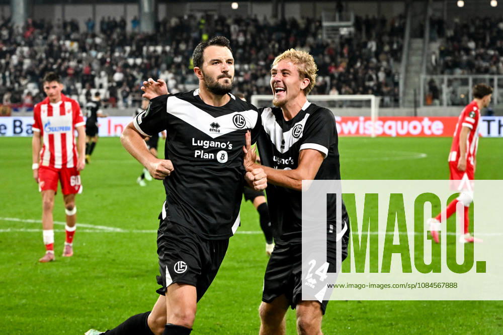 LUGANO, SWITZERLAND OCTOBER 15 Anto Grgic of FC Lugano (L) celebrates his goal with Erik Elias Pihlstrom of FC Lugano (R) during the UEFA Conference League 2026–27 League Phase Matchday 1 match between FC Lugano and FK Crvena Zvezda at Lugano Arena on October 15, 2026, in Lugano, Switzerland; Lugano, Lugano Arena, Ticino, Switzerland