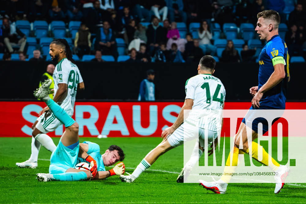Zan-Luk Leban of Celje (2L) in action against Mateo Maric of Omonia (2R) during the UEFA Europa League match between Celje (Slovenia) and Omonia (Cyprus) at Stadion Celje, Celje on October 15, 2026 in Celje, Slovenia. (Photo by Andraz Corel Sports Press Photo).