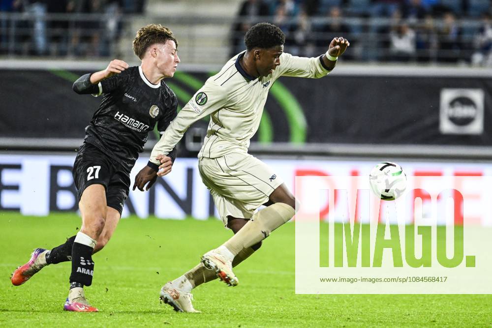 Gent s Tibe De Vlieger and Aarhus Stefen Tchamche pictured in action during a soccer game between Belgian KAA Gent and Danish Aarhus GF, Thursday 15 October 2026 in Gent, the opening match of the UEFA Conference League league phase. TOMxGOYVAERT x189911845x