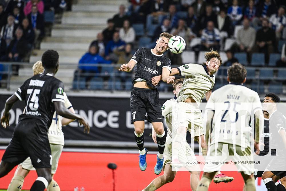 Gent s Mathias Delorge and Aarhus Jacob Andersen pictured in action during a soccer game between Belgian KAA Gent and Danish Aarhus GF, Thursday 15 October 2026 in Gent, the opening match of the UEFA Conference League league phase. TOMxGOYVAERT x189914932x