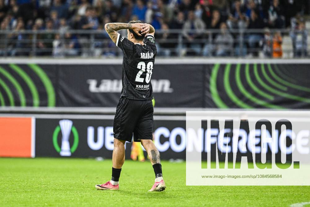 Gent s Tiago Araujo reacts during a soccer game between Belgian KAA Gent and Danish Aarhus GF, Thursday 15 October 2026 in Gent, the opening match of the UEFA Conference League league phase. TOMxGOYVAERT x189915314x