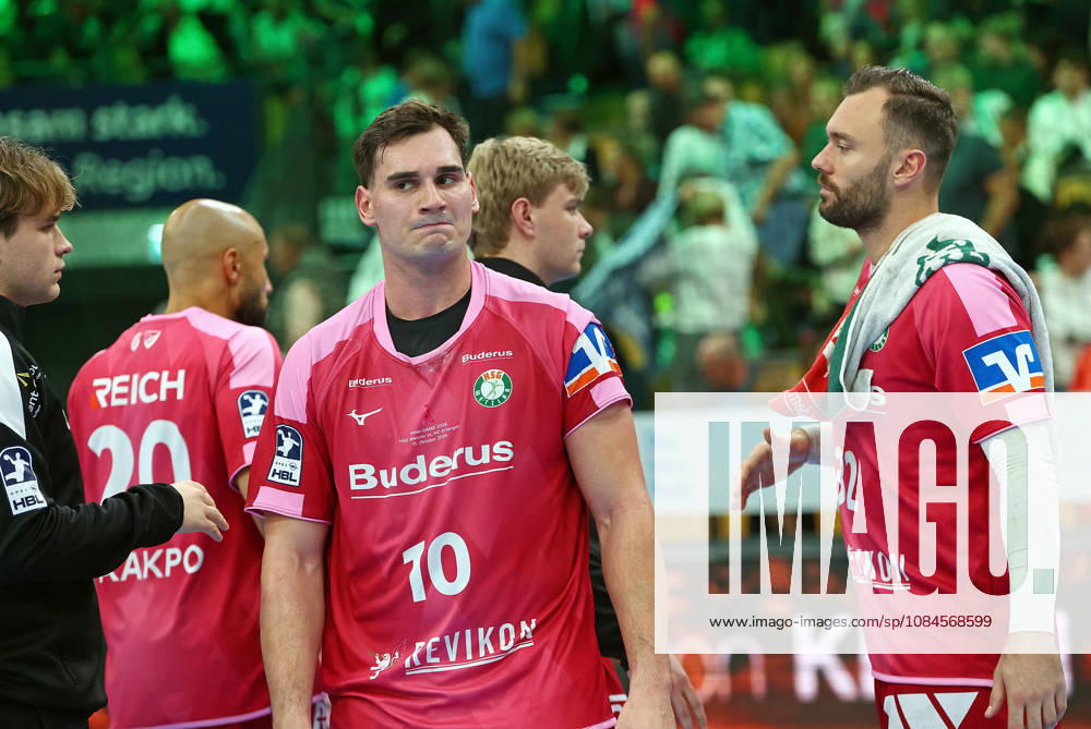 Opel Handball Bundesliga, HSG Wetzlar vs. HC Erlangen: Hendrik Pantel (HSG Wetzlar), Cyrill Akakpo (HSG Wetzlar), Josip Simic (HSG Wetzlar), Tristan Kirschner (HSG Wetzlar) and Nikolaj Laesö (HSG Wetzlar) look disappointed after the 30–34 loss to HC Erlangen at the Buderus Arena in Wetzlar, Hesse, Germany (DE)