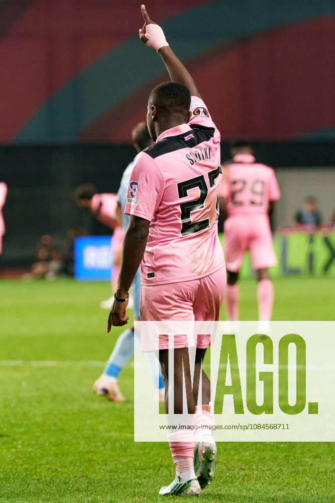Noah Sadiki celebrating after scoring goal during UEFA Europa League 2026 2027 league phase game between teams of Torreense and Sunderland (Miguel Clemente Ball Raw Images) Leiria Estadio Dr. Magalhaes Pessoa Portugal
