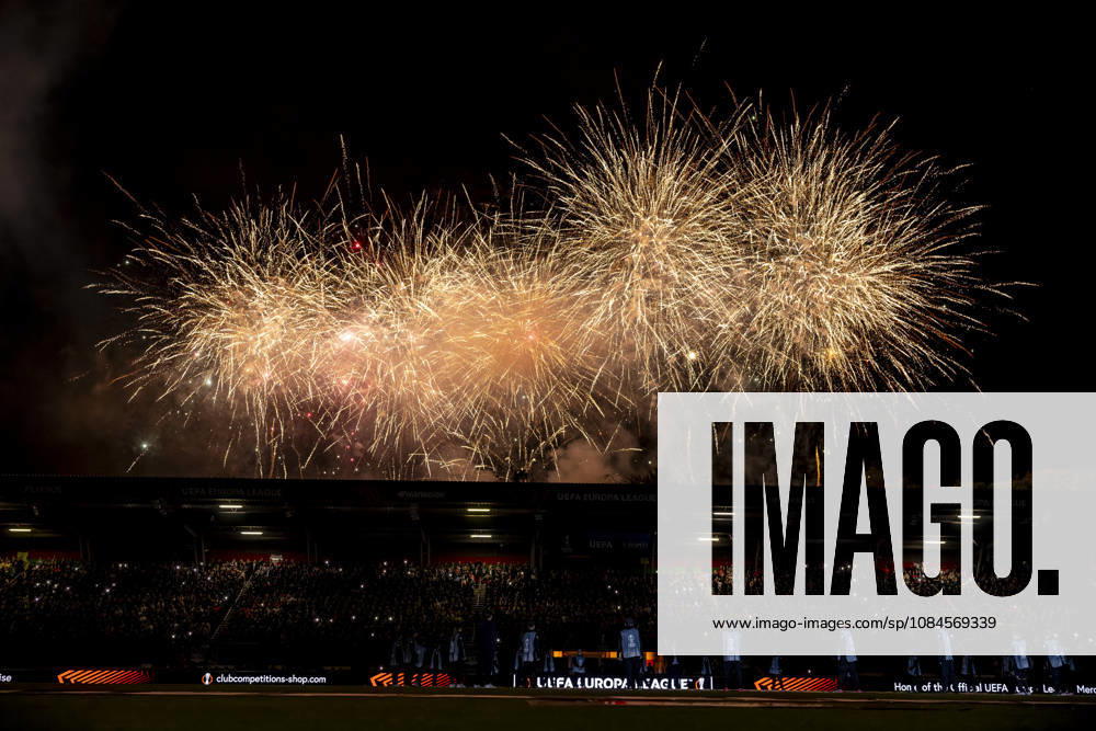 NIJMEGEN: Fireworks ahead of the UEFA Europa League match between NEC and Levski Sofia at Stadion De Goffert on October 15, 2026, in Nijmegen, the Netherlands. Photo by DeFodi Images