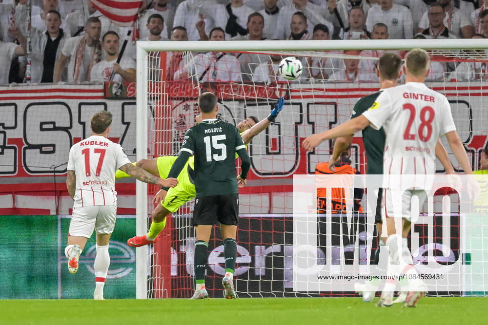 Jan Hanus (FK Jablonec, 01) attempts to save the ball. GER, SC Freiburg vs. JK Jablonec, Soccer, UEFA Conference League, Matchday 1, 2026–2027 Season, October 15, 2026 GER, SC Freiburg vs. JK Jablonec, Soccer, UEFA Conference League, Matchday 1, 2026–2027 Season, October 15, 2026 Freiburg