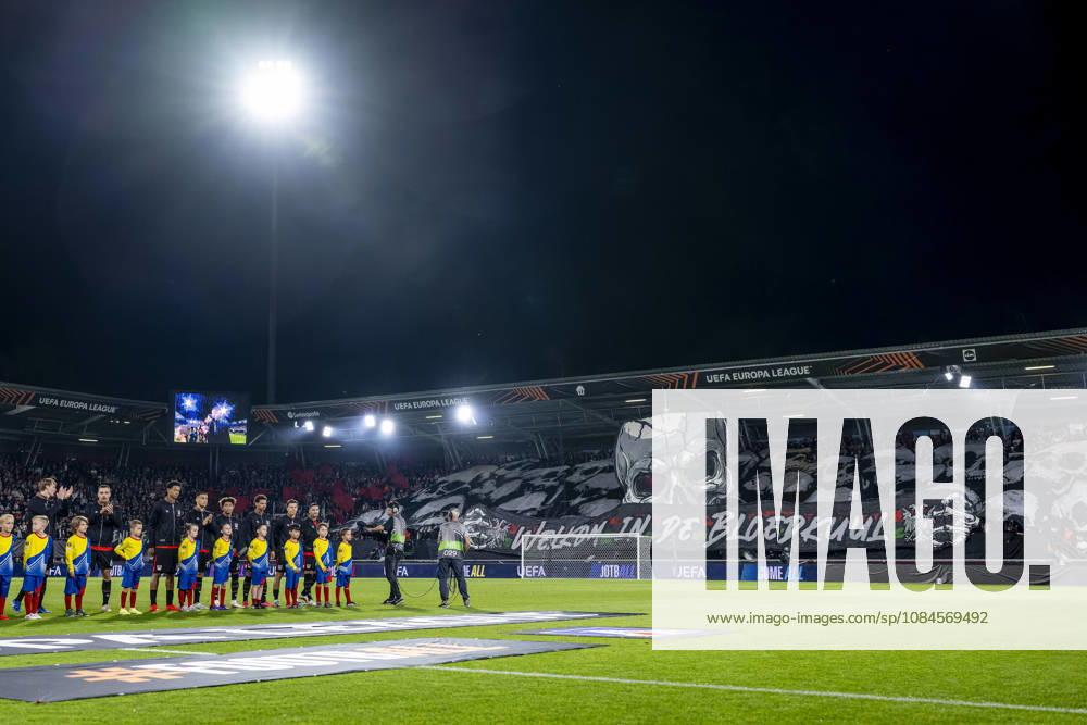 NIJMEGEN NEC supporters displayed a banner as both teams entered the field ahead of the UEFA Europa League match between NEC and Levski Sofia at Stadion De Goffert on October 15, 2026, in Nijmegen, the Netherlands. Photo by DeFodi Images