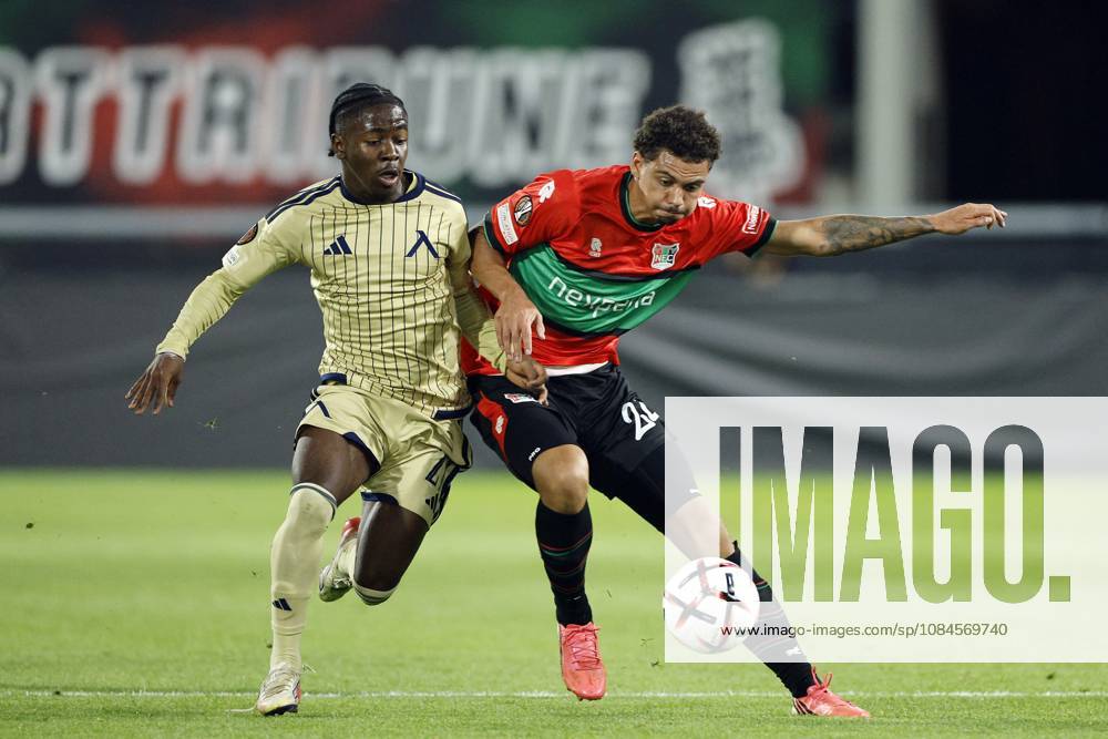 NIJMEGEN - (lr) David Kusso of Levski Sofia, Deveron Fonville of NEC Nijmegen during the Europa League match between NEC and PFC Levski Sofia at De Goffert on 15 October 2026 in Nijmegen, the Netherlands. BART STOUTJESDIJK ANP ANPxSportx IVx 572551372 originalFilename: 572551372